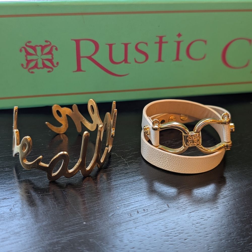 Rustic Cuff Gold "Be All There" and White Leather Bracelet Set